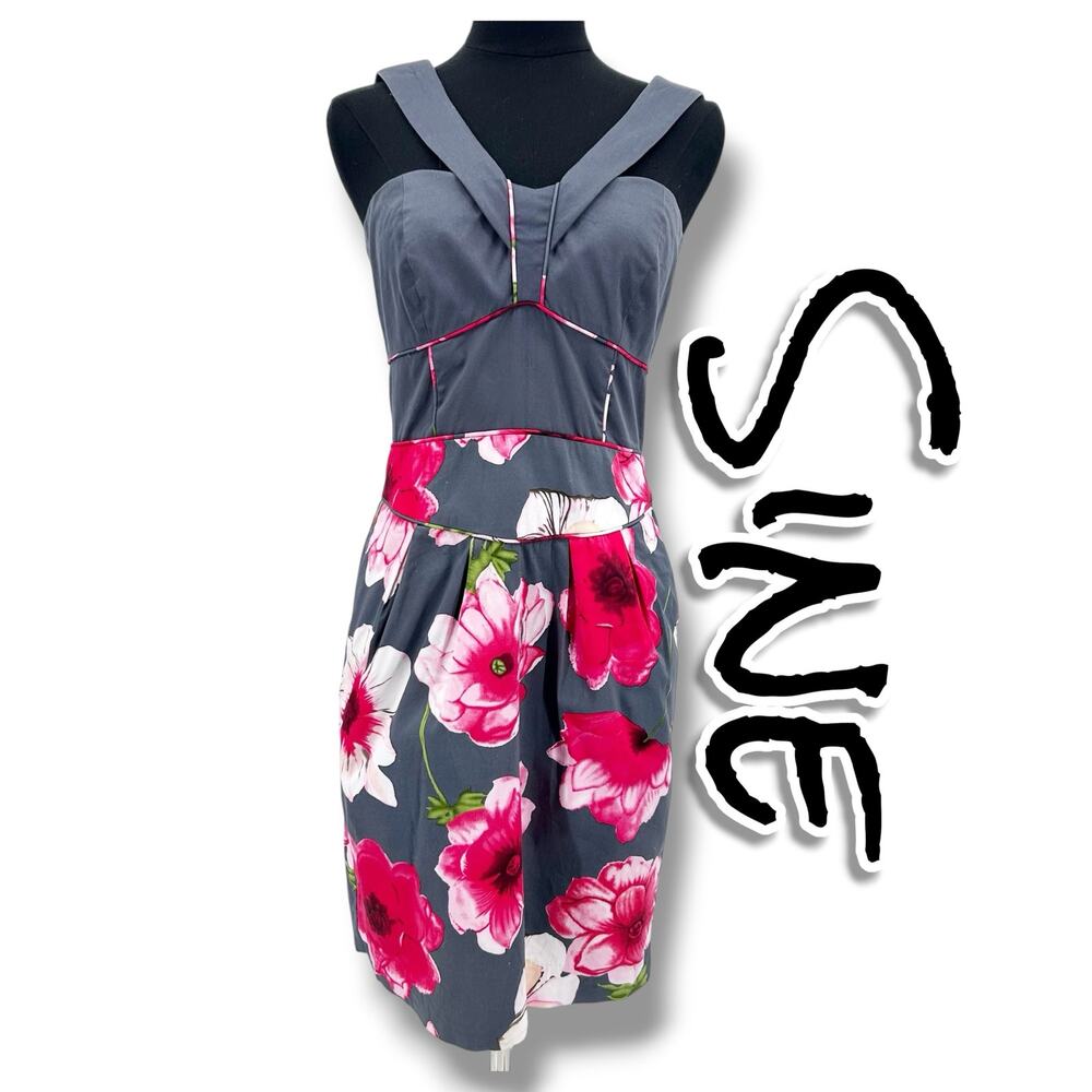 Anthropologie Sine Hollyhock Floral Corset Sheath Dress Gray Pink Pockets Sz 4